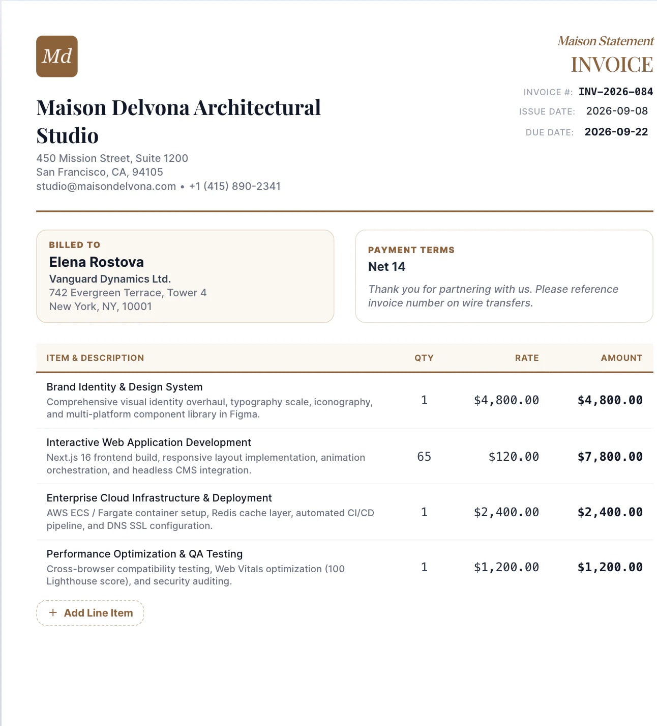 An invoice from Maison Delvona Architectural Studio in the Pagestro invoice editor