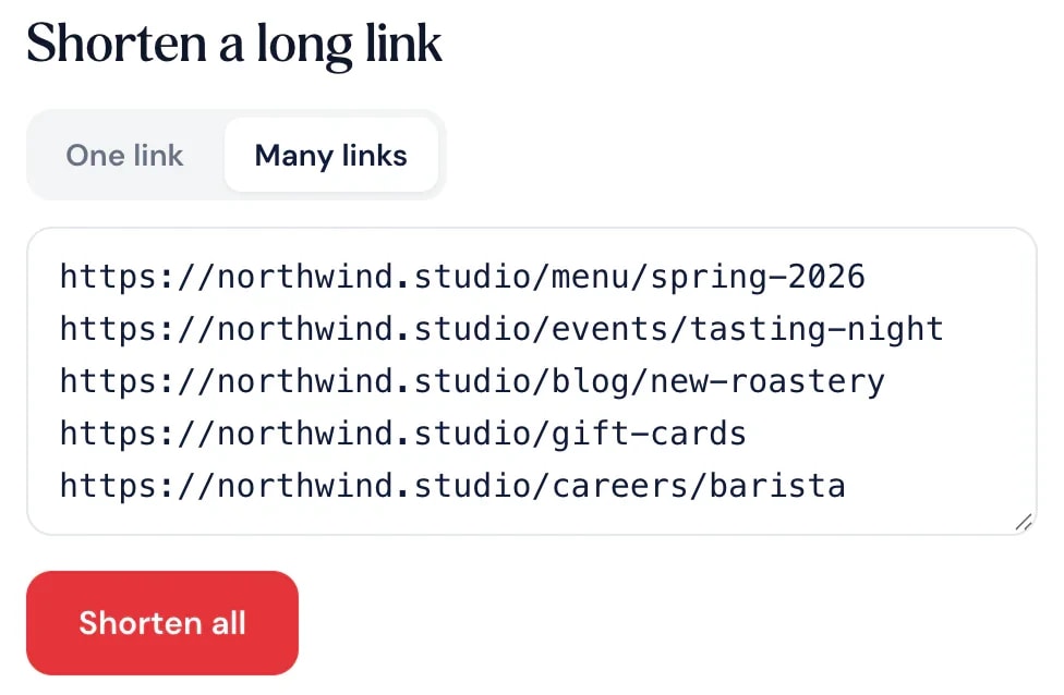 Five long links ready to shorten in the Pagestro link shortener