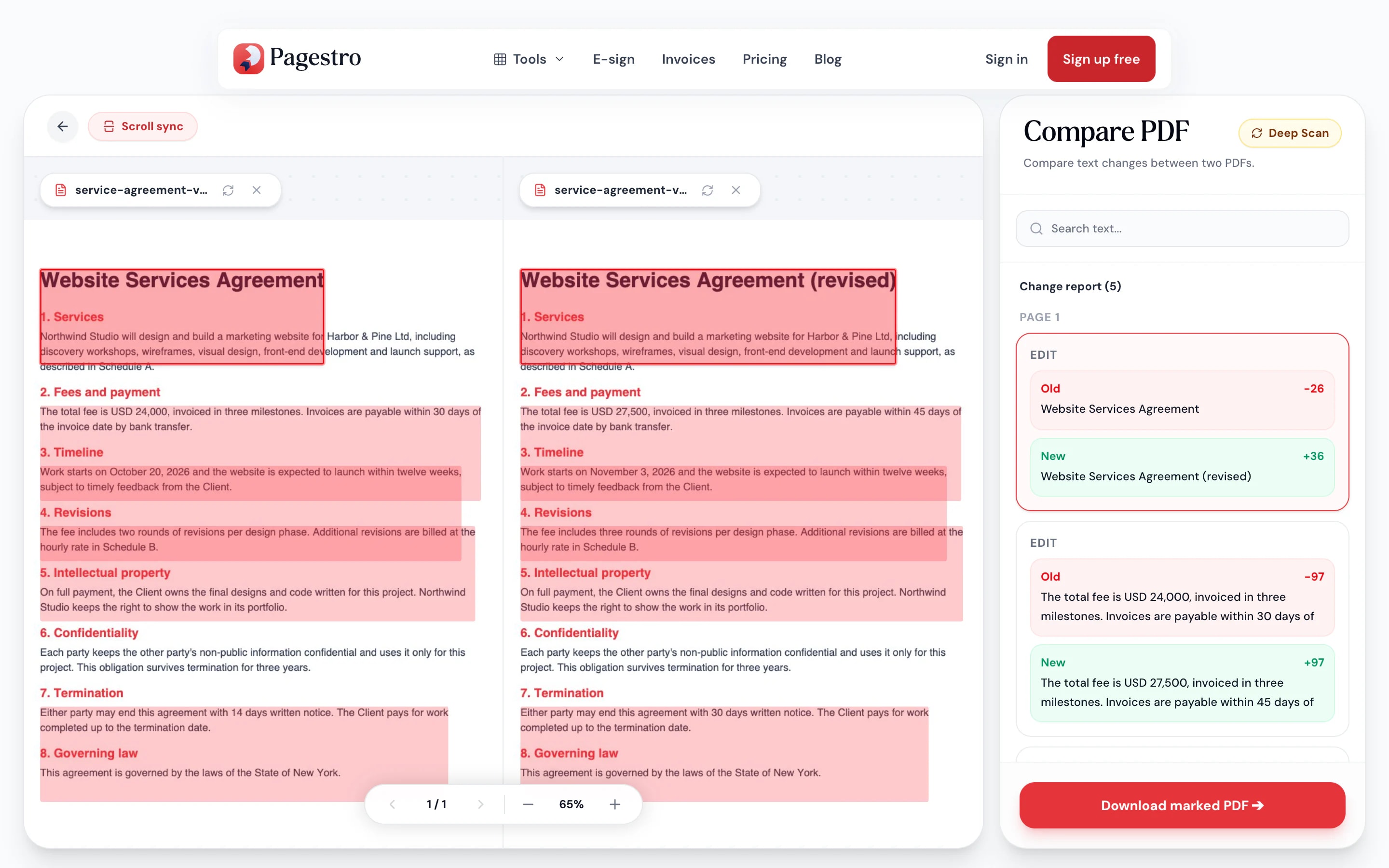 Two PDF versions side by side with changes highlighted