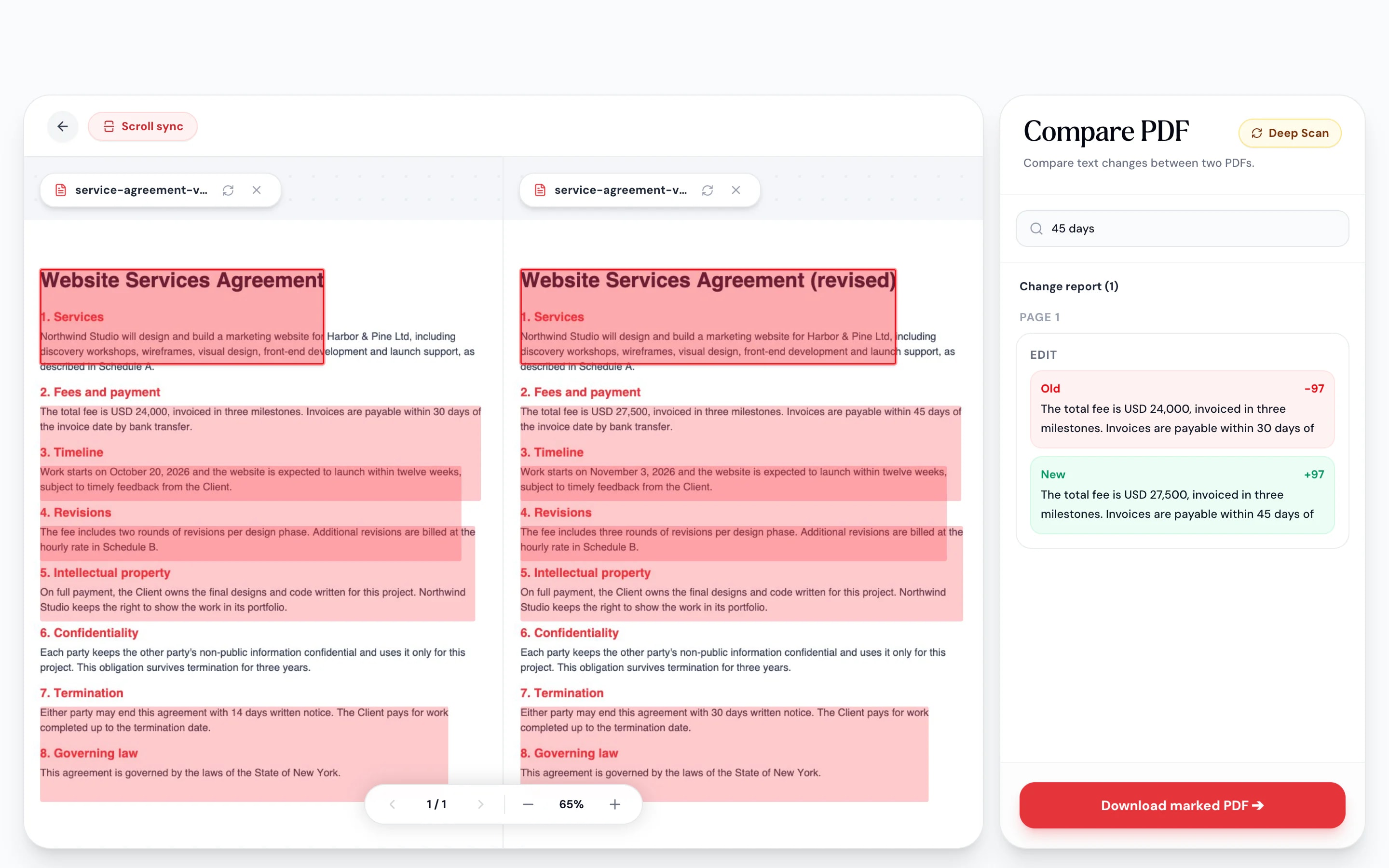 Change report and marked PDF download