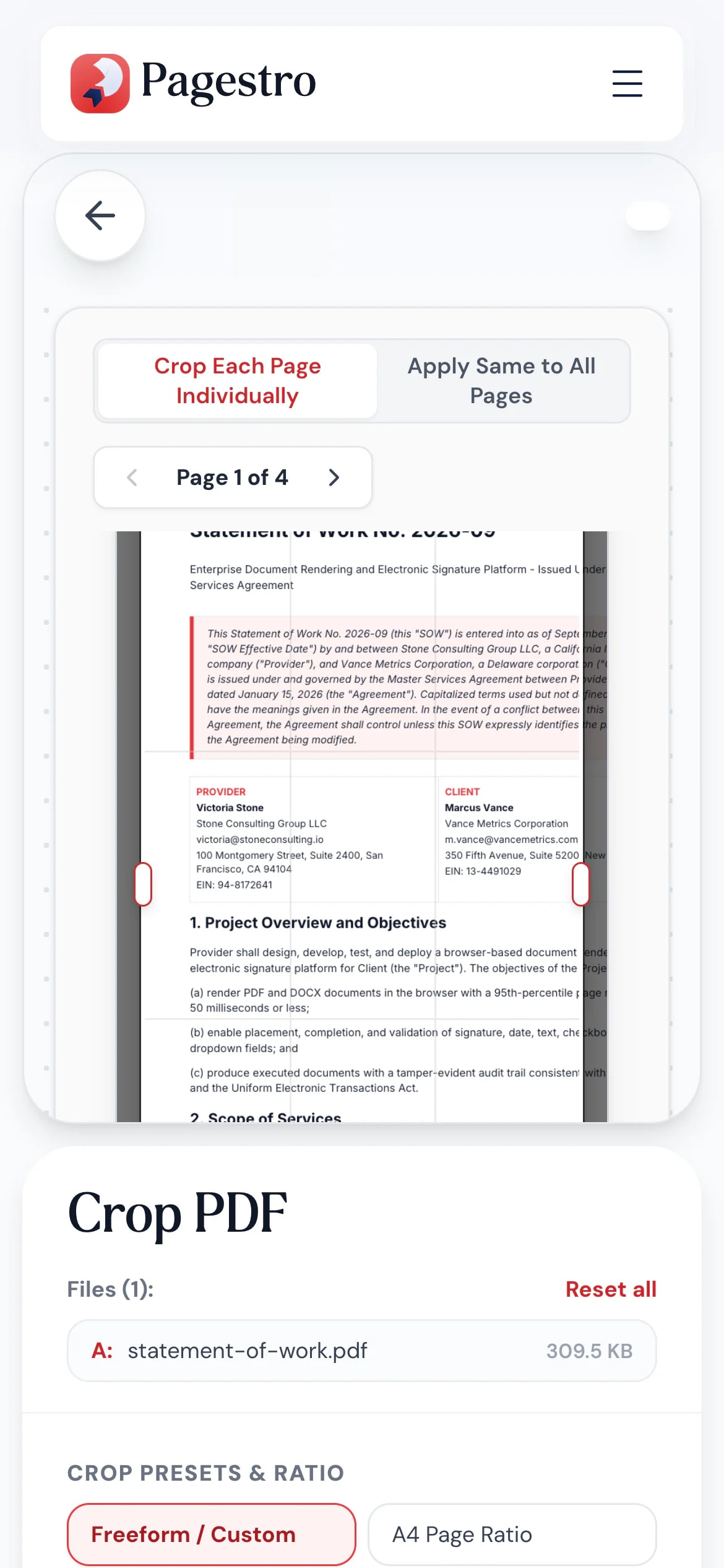 Crop PDF tool on a phone