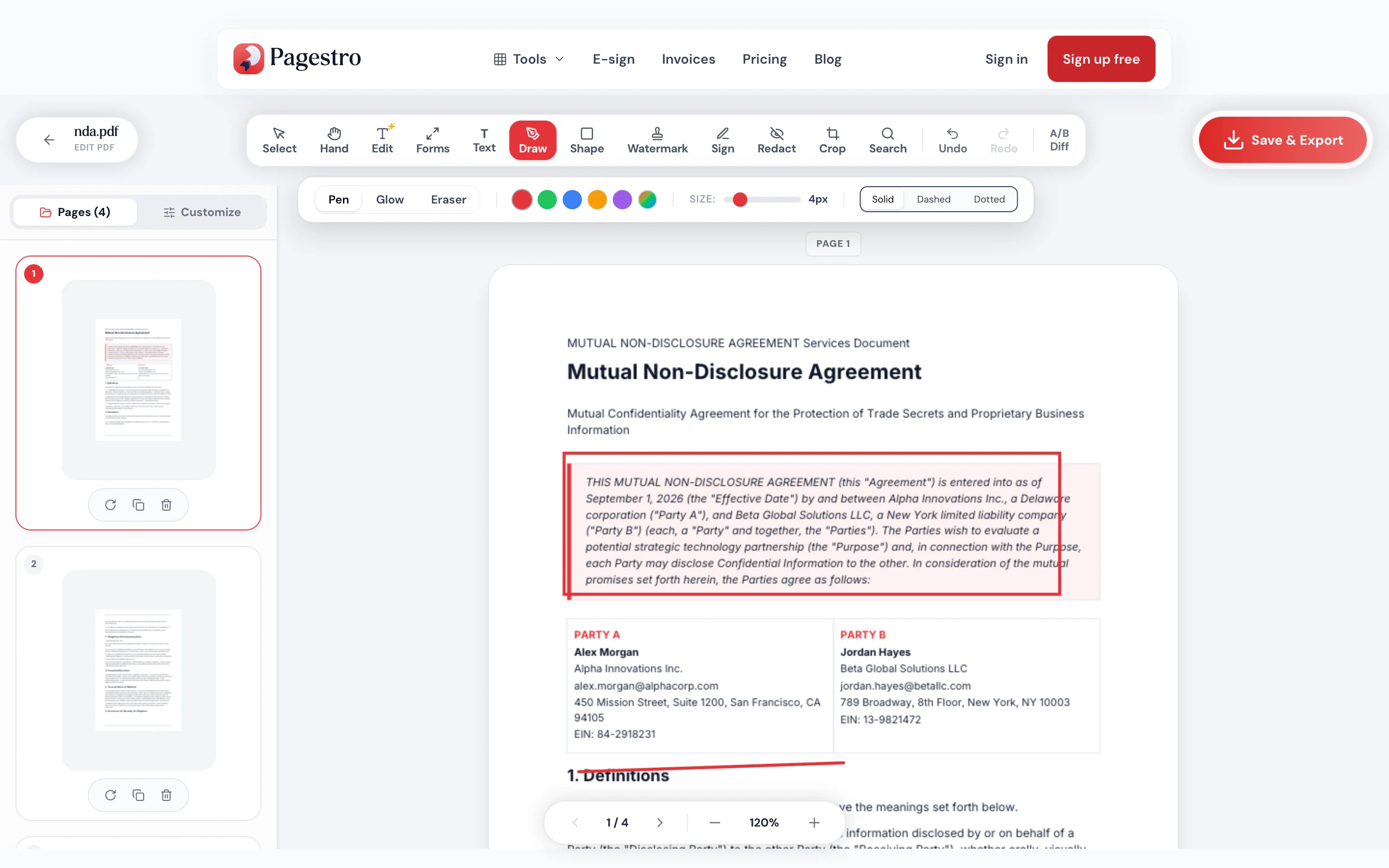 PDF editor toolbar with text being edited on a page