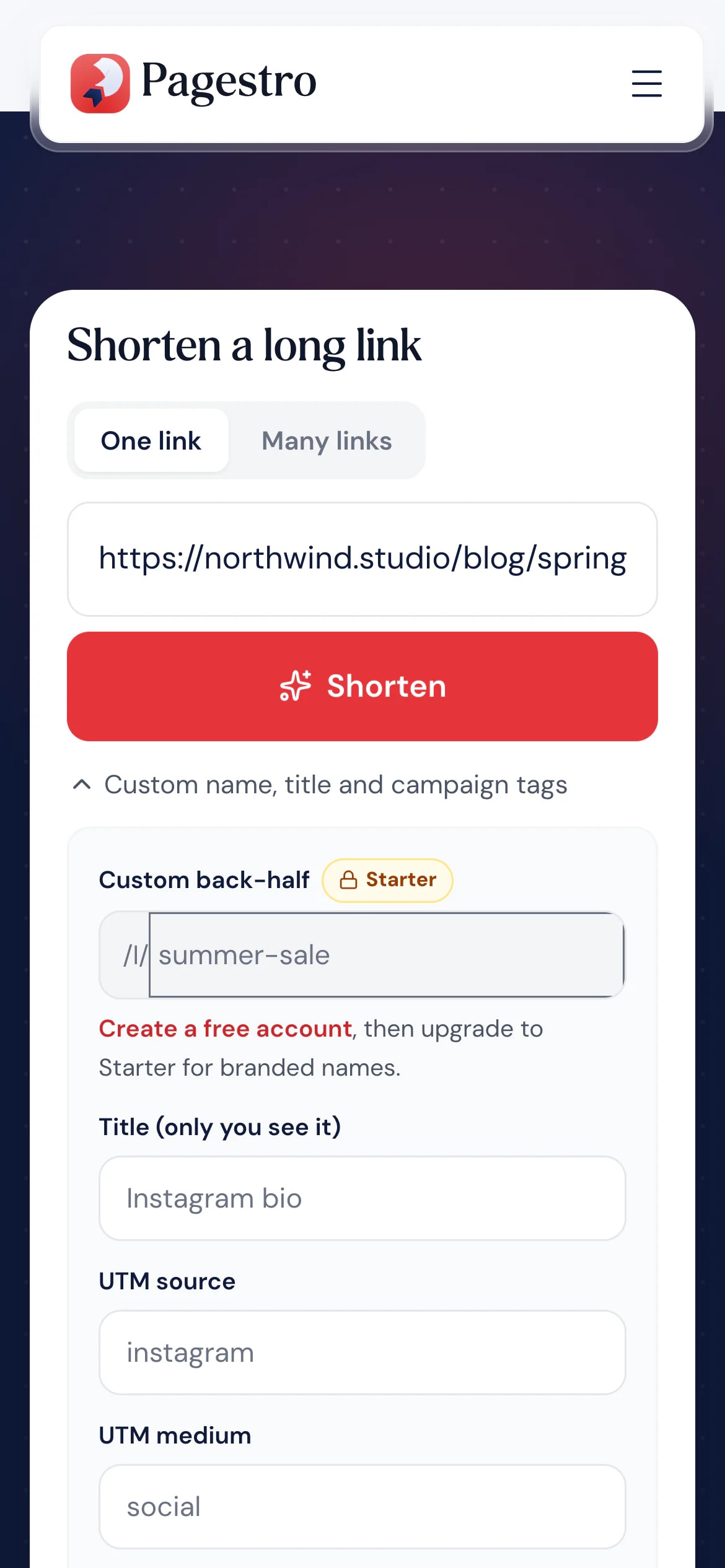 Sharing a short link from a phone