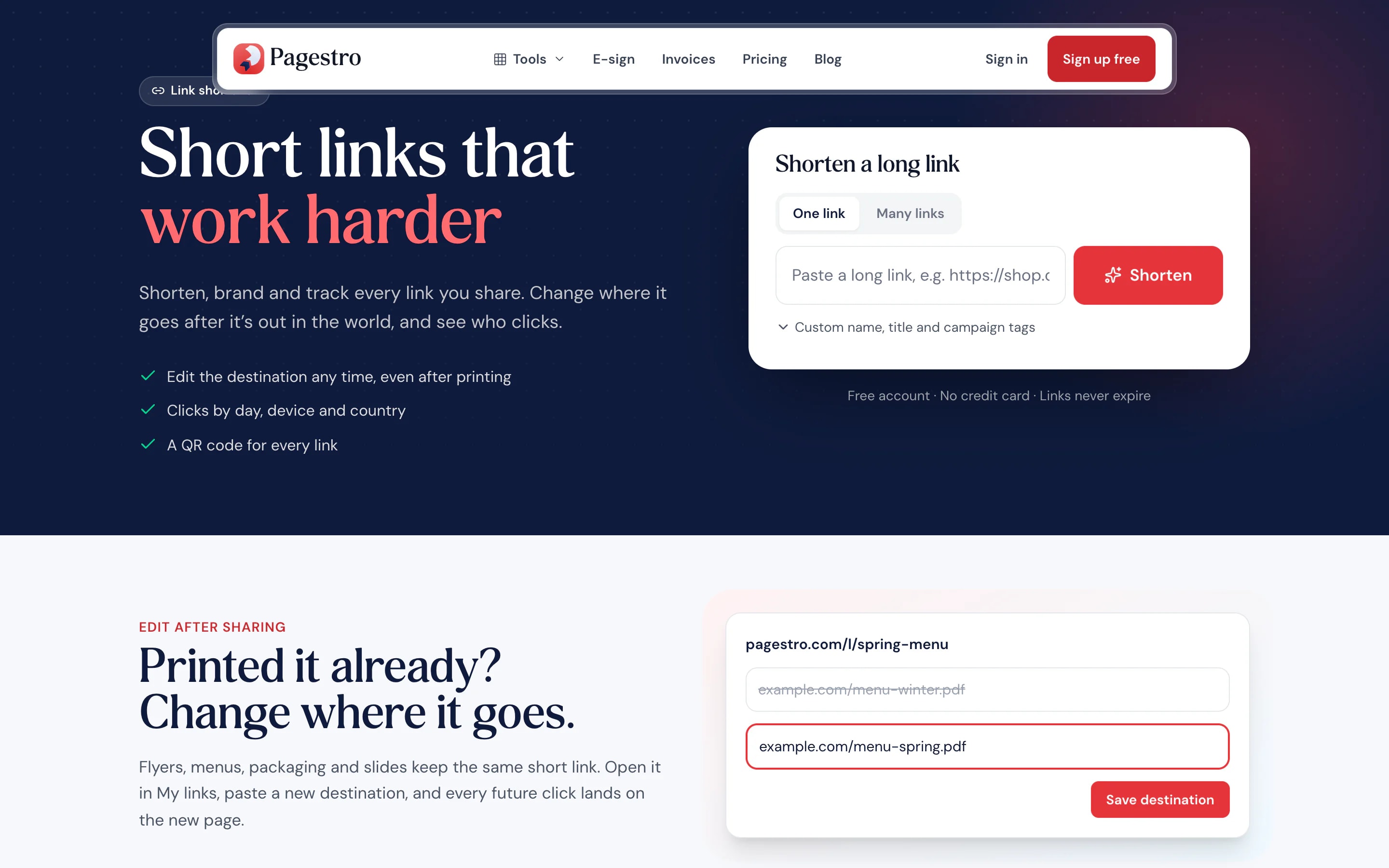 Link shortener form with a long link pasted in
