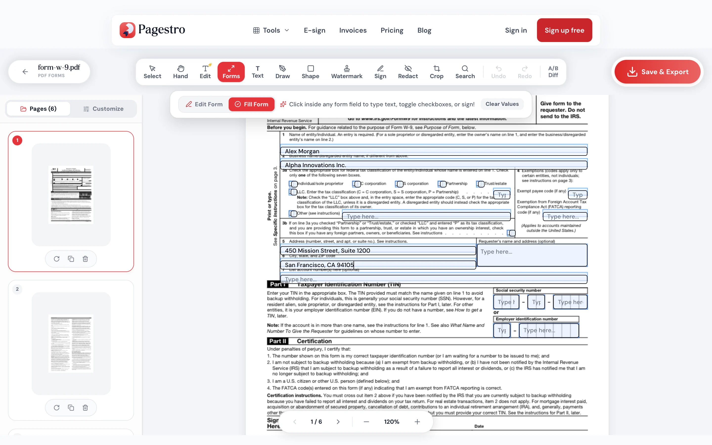 Detected form fields highlighted on a PDF page