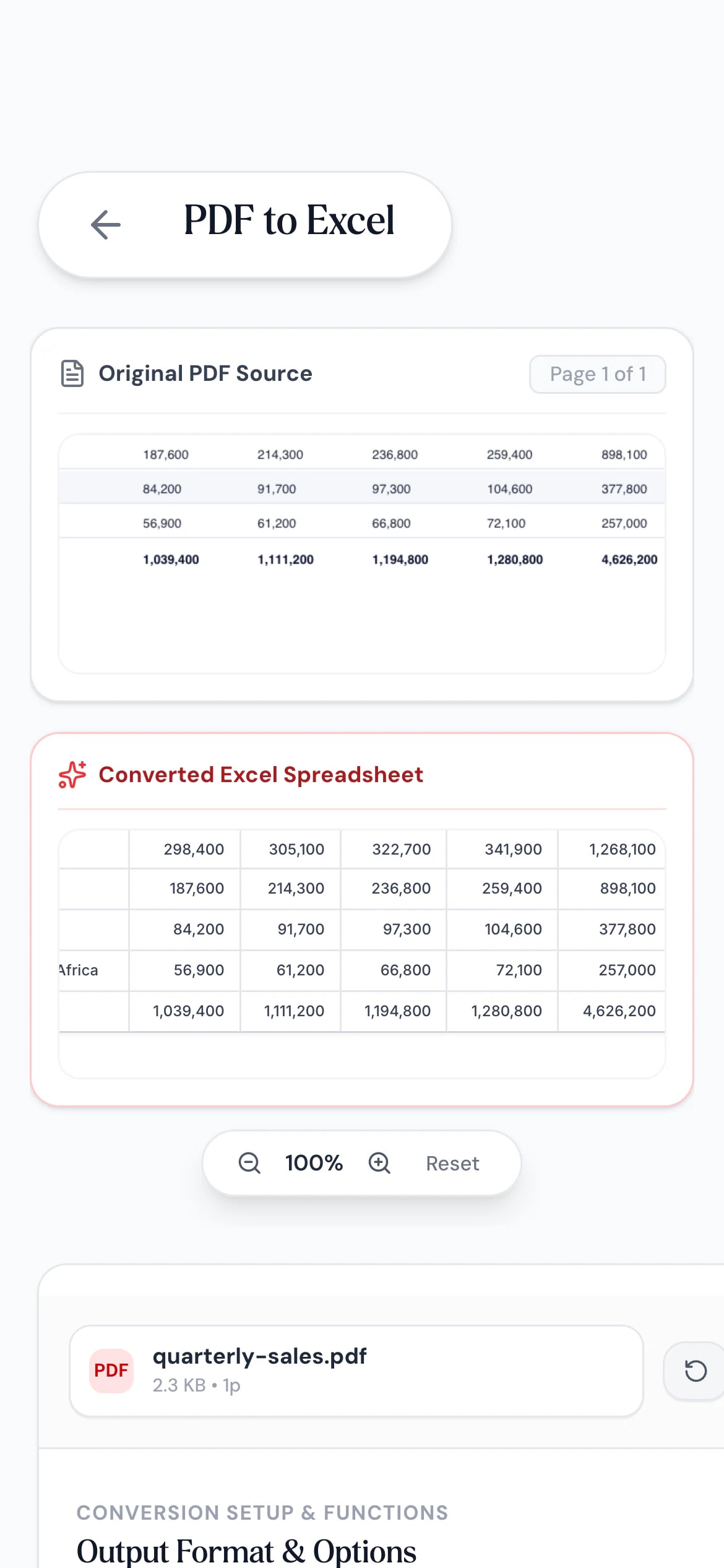 PDF to Excel tool on a phone