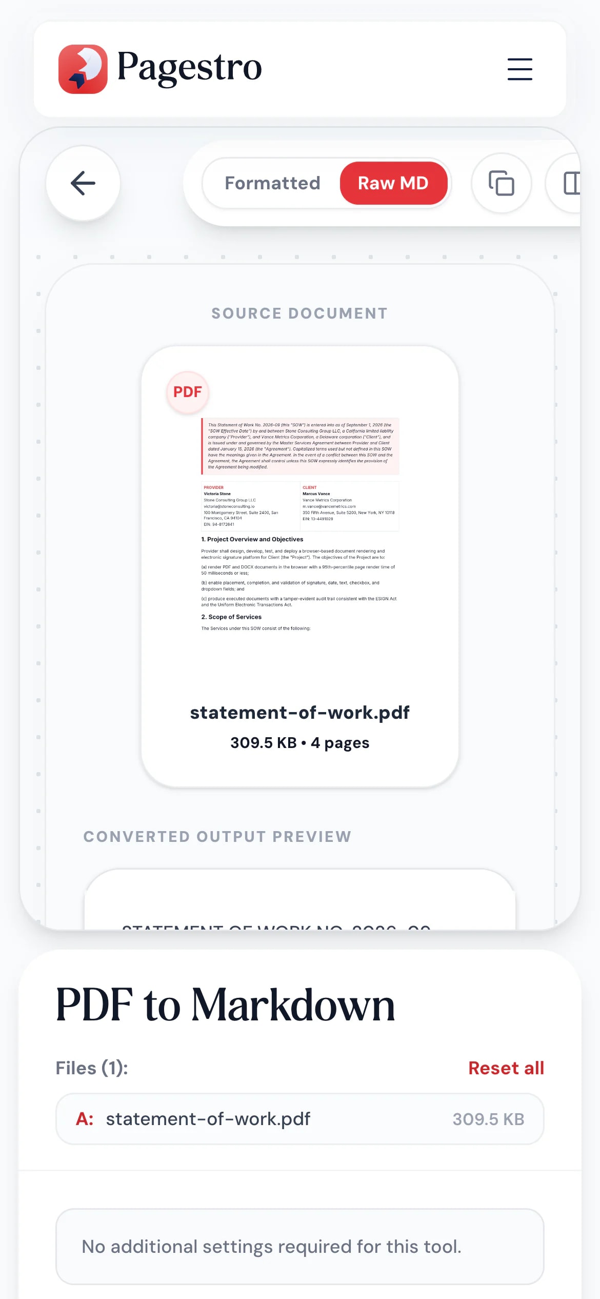 PDF to Markdown tool on a phone