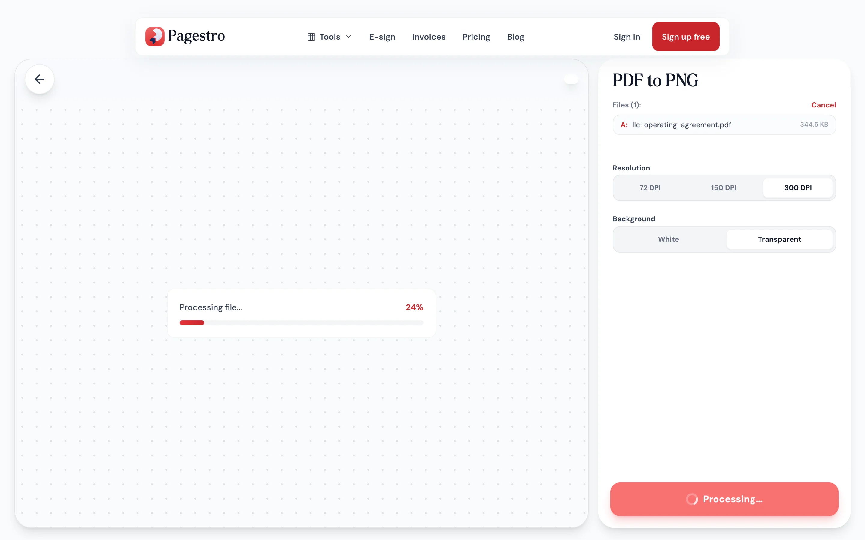 PDF loaded and ready to convert to PNG