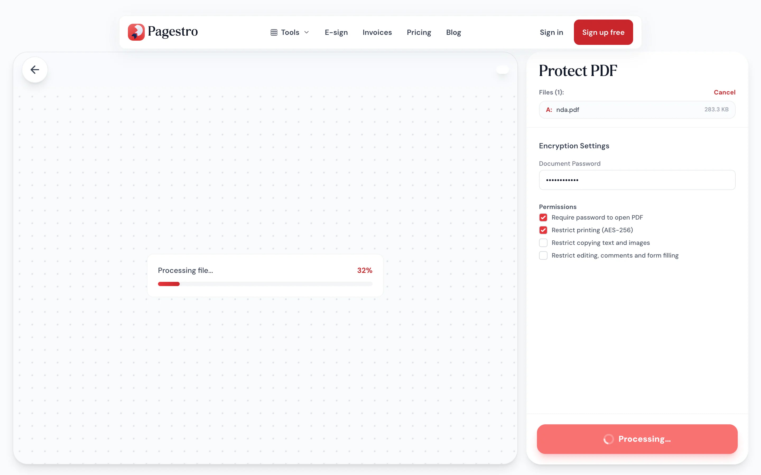 Password field next to the loaded PDF