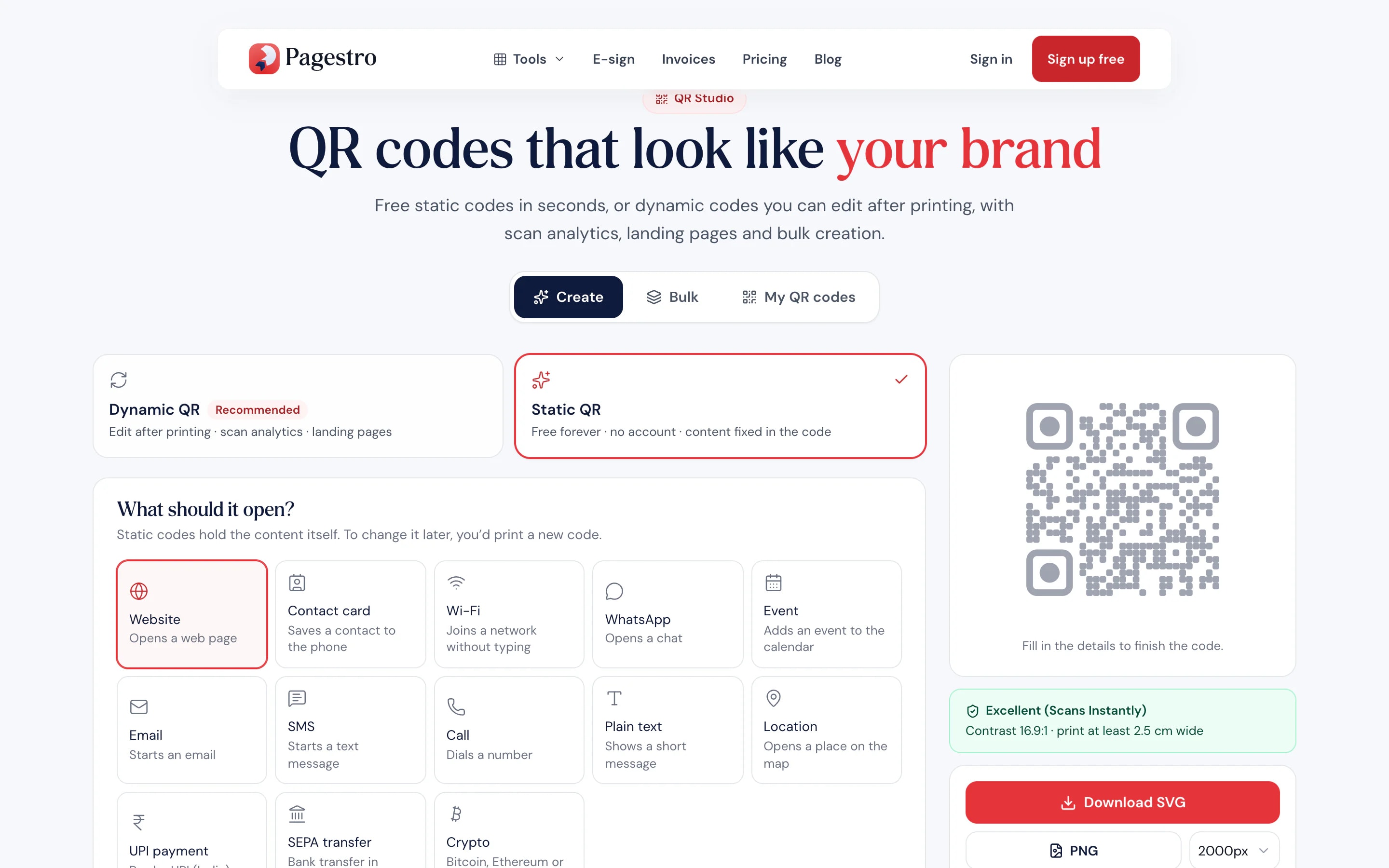 QR Studio content type options
