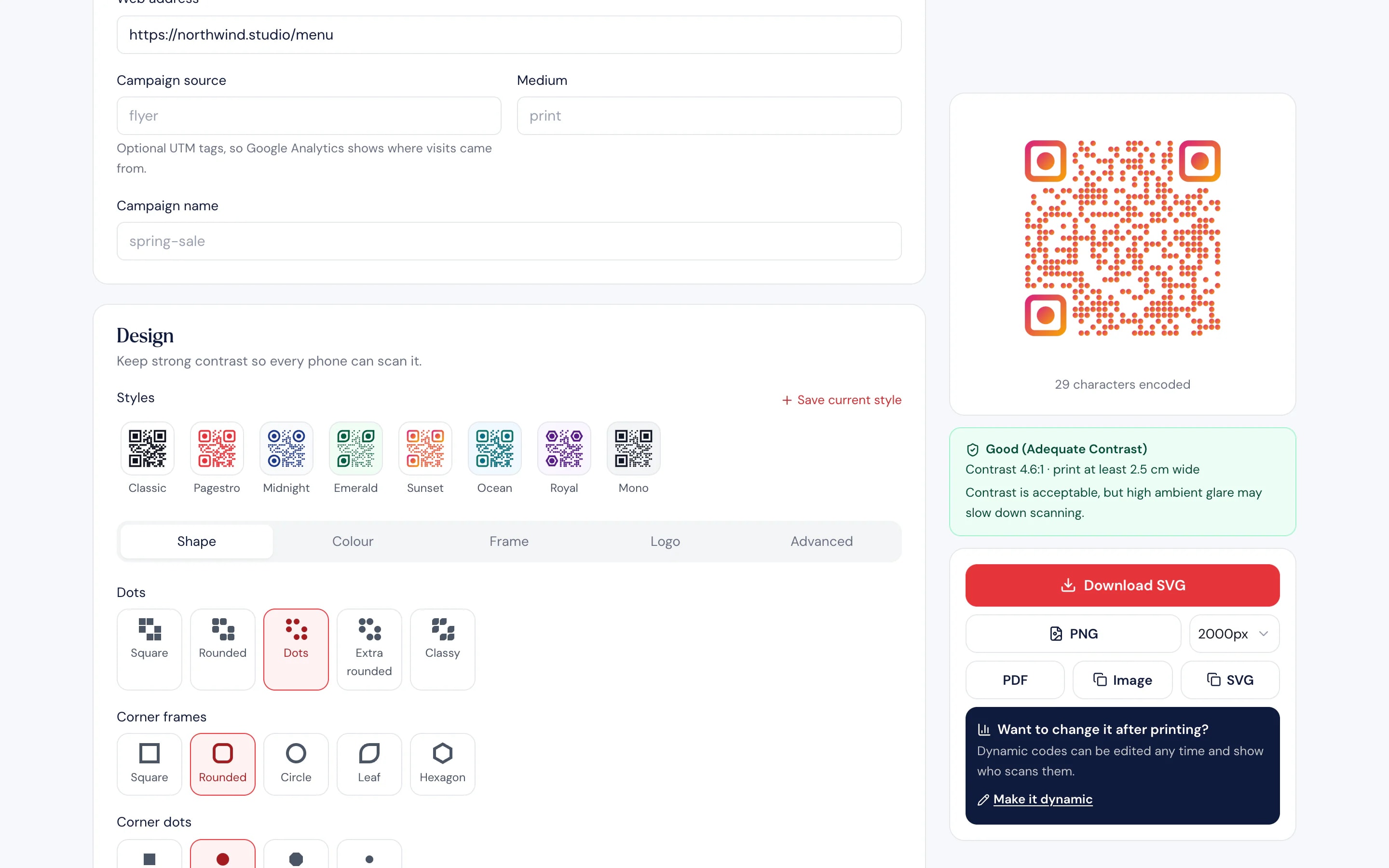 QR code design options with a live preview