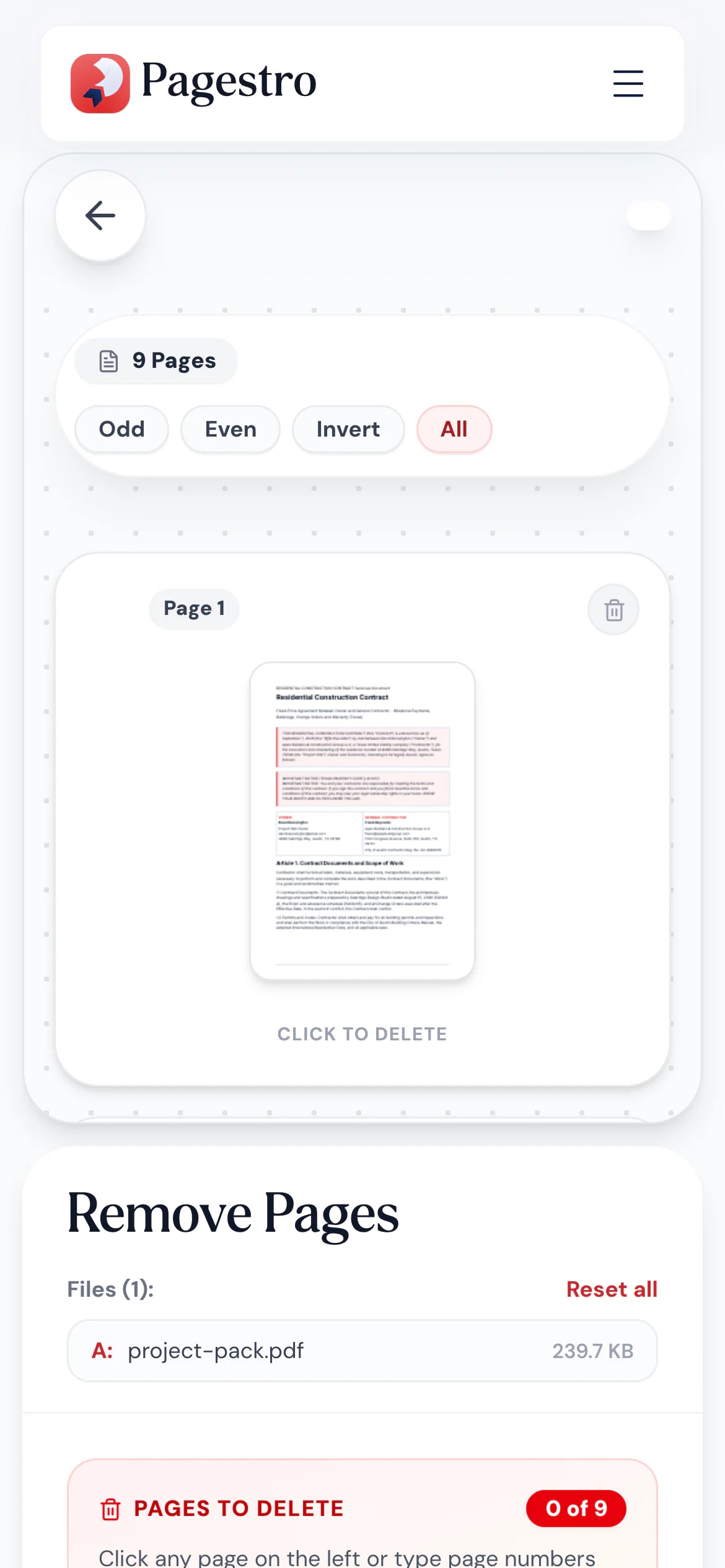 Remove Pages tool on a phone