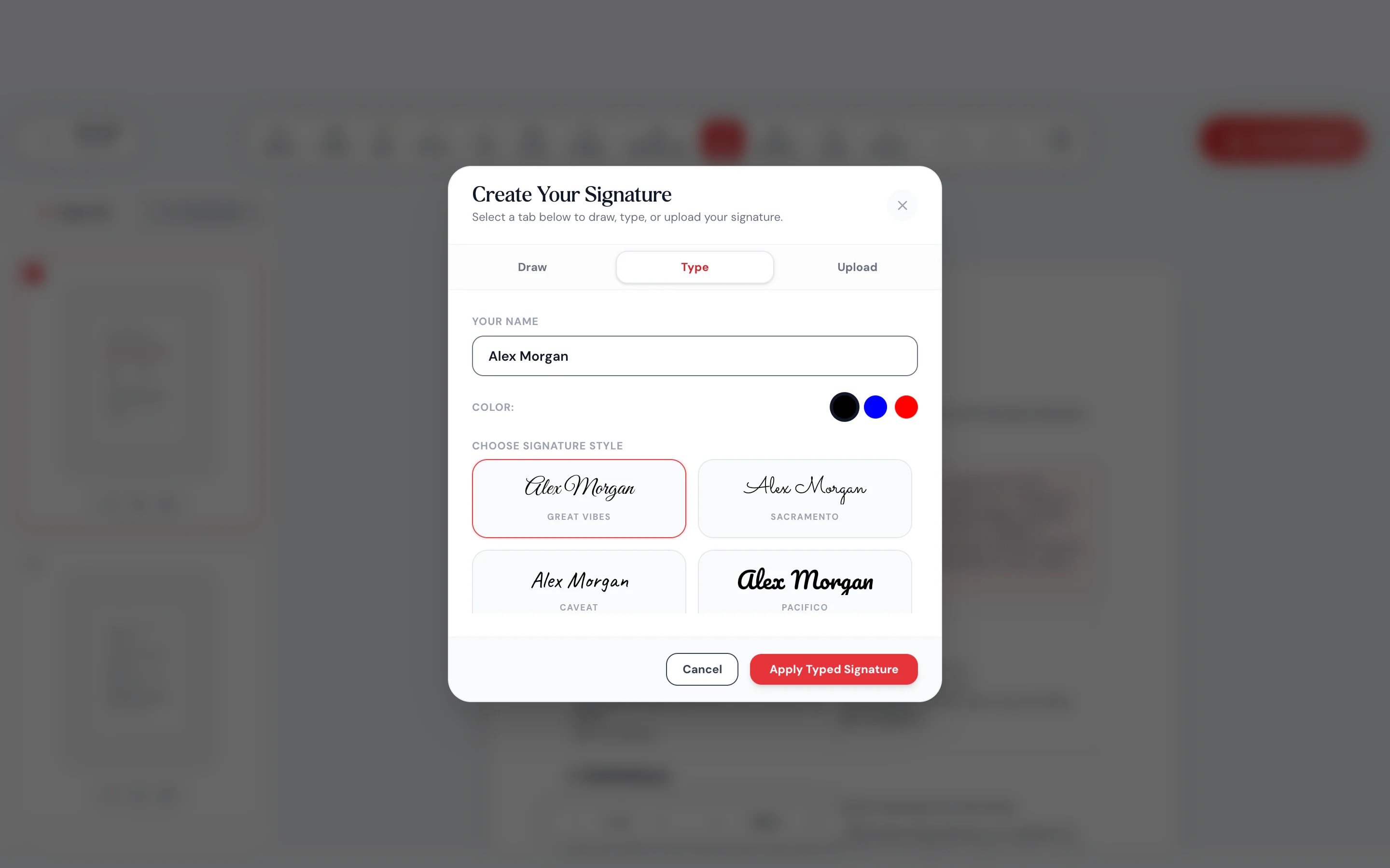 Signature pad with draw, type and upload tabs