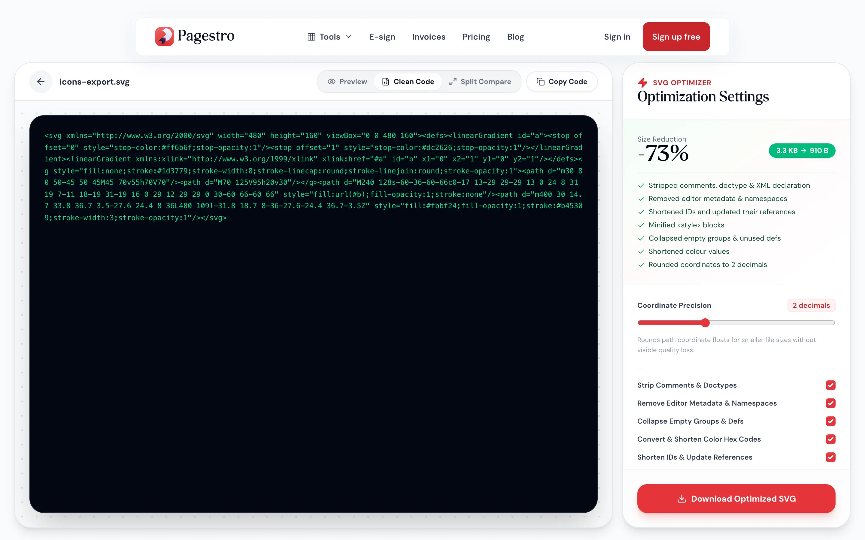 Optimization options beside an SVG preview