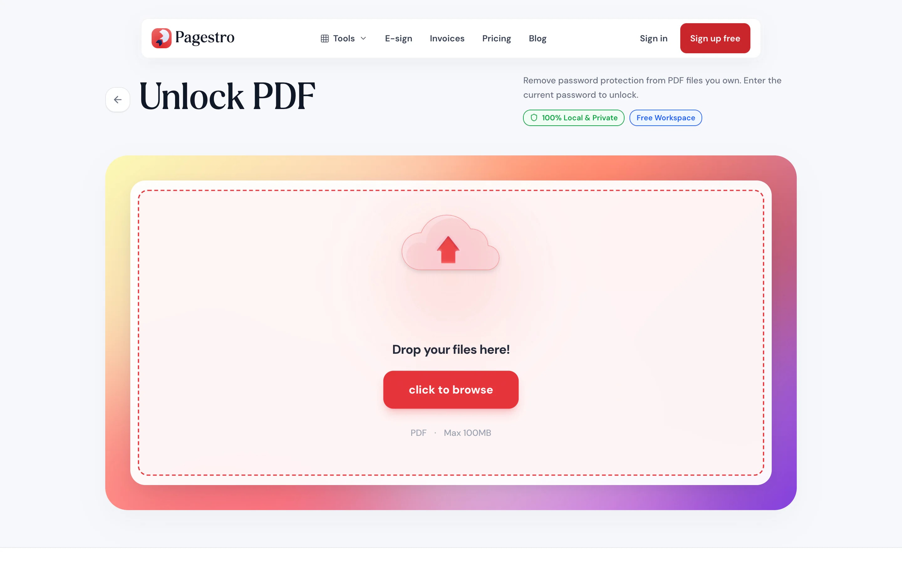 Unlock PDF tool waiting for a file