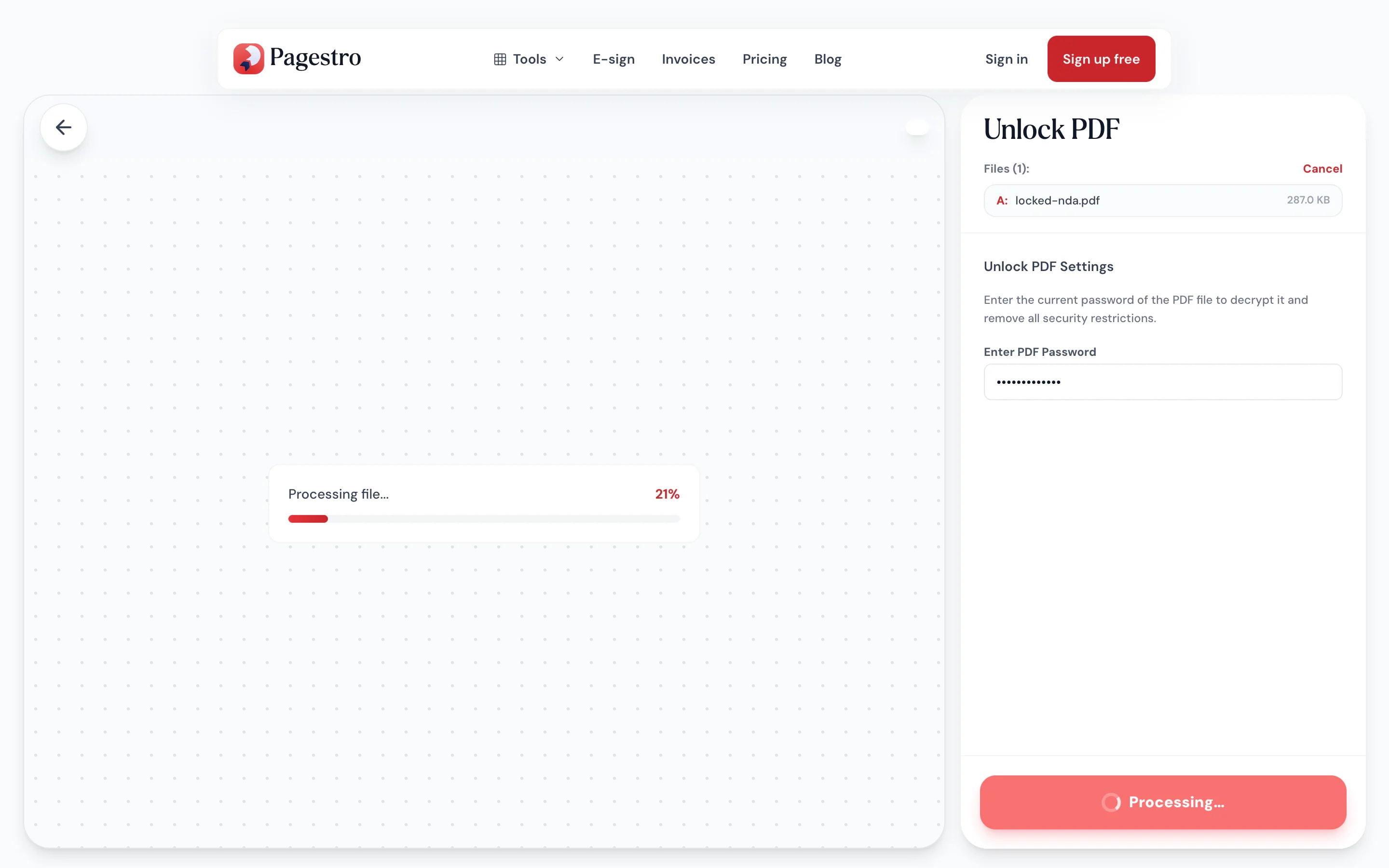 Password field for the locked PDF