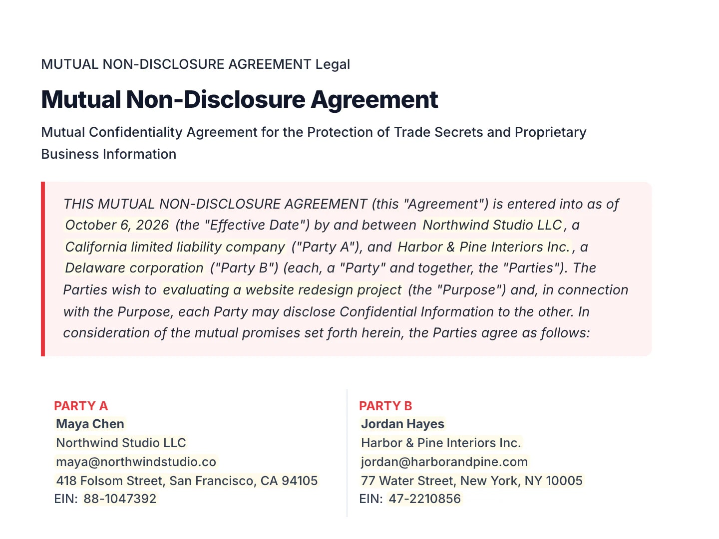 A mutual NDA filled in for two companies in the Pagestro contract editor