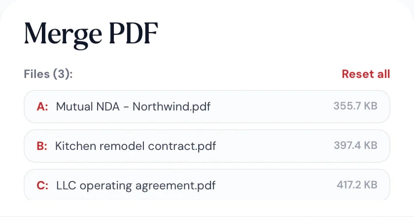 The Merge PDF tool with three PDFs added, ready to combine in the browser
