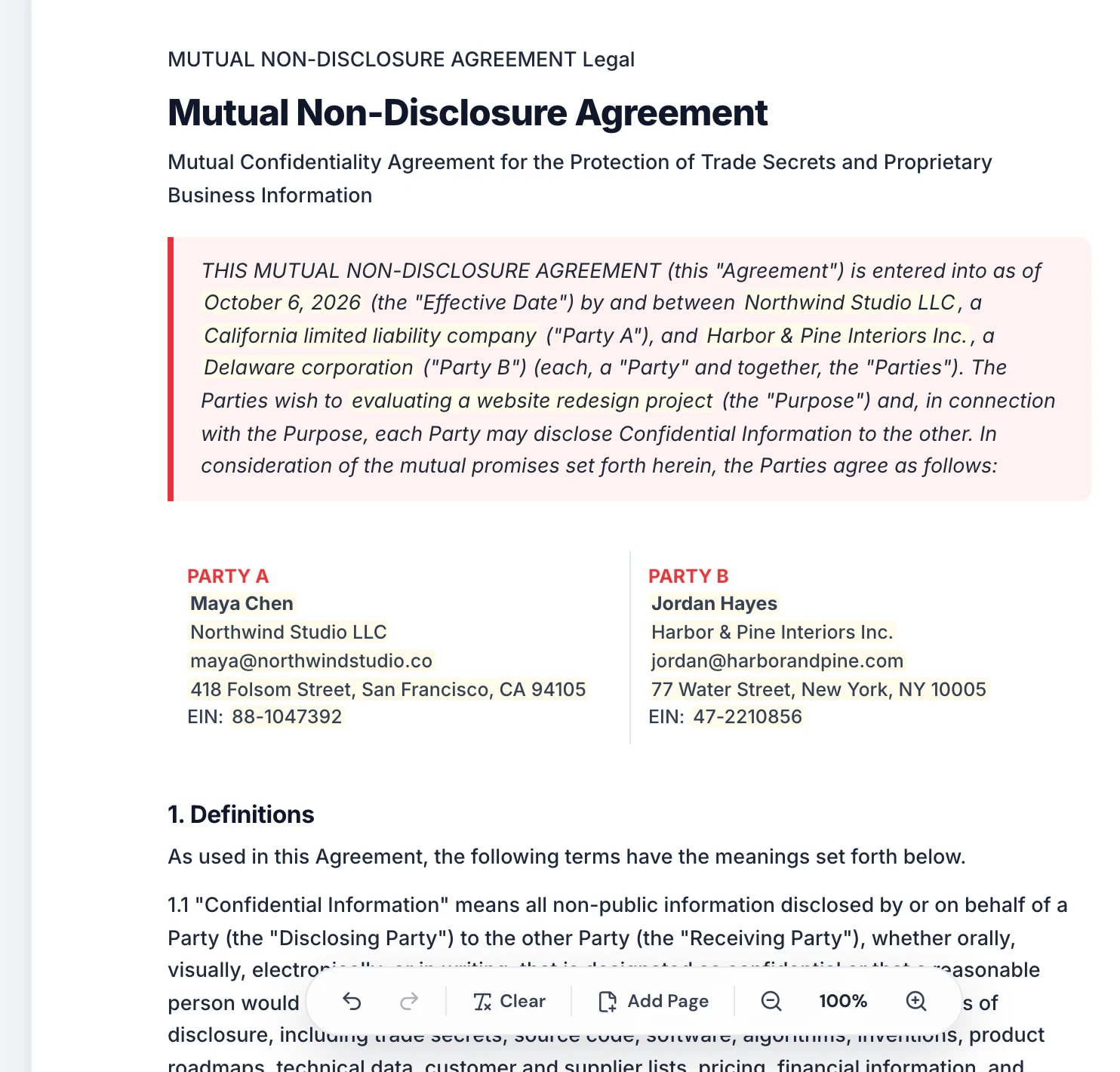A mutual NDA in the Pagestro contract editor, filled in for Northwind Studio and Harbor & Pine Interiors