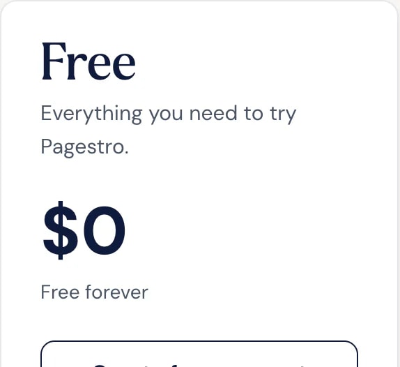 The Free plan card on the Pagestro pricing page: $0, free forever