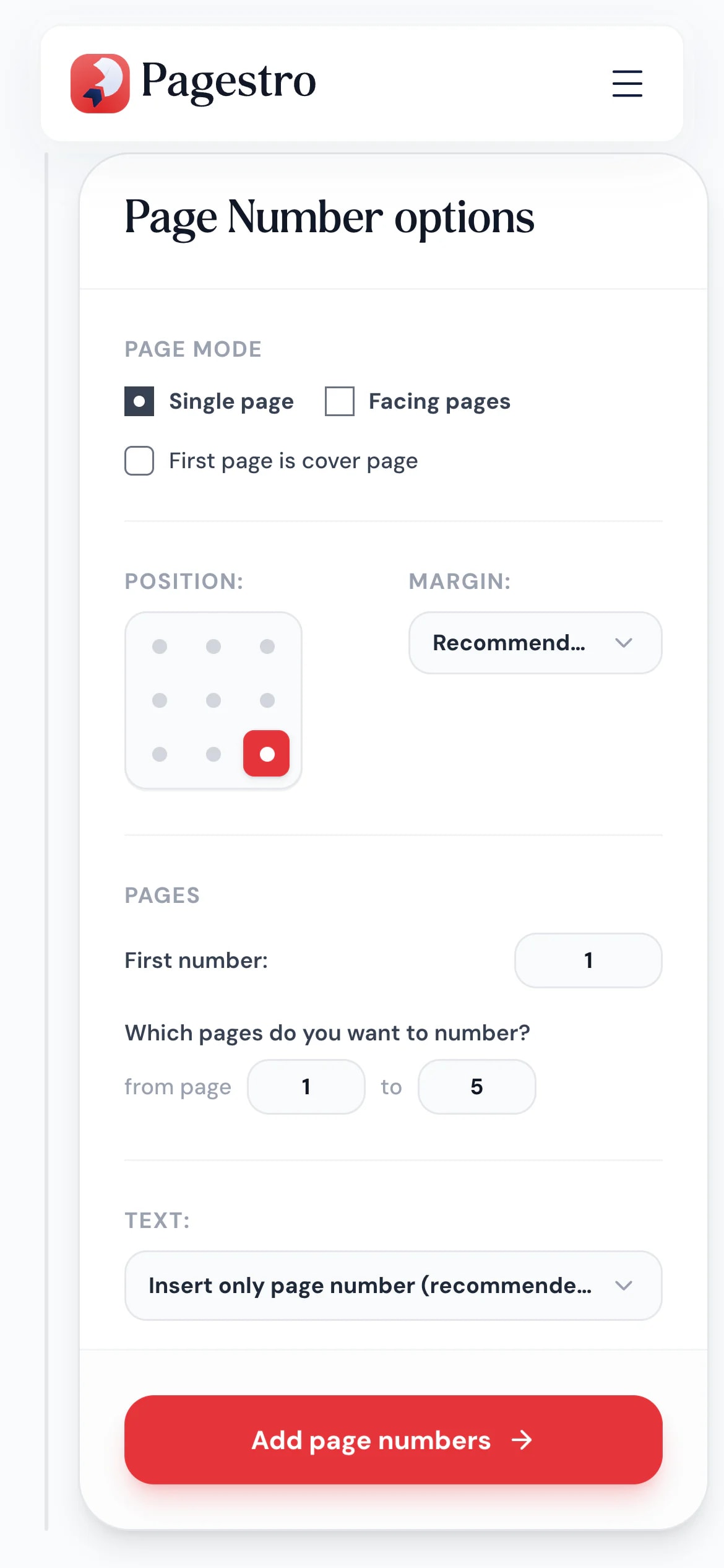 Page numbers options on a phone