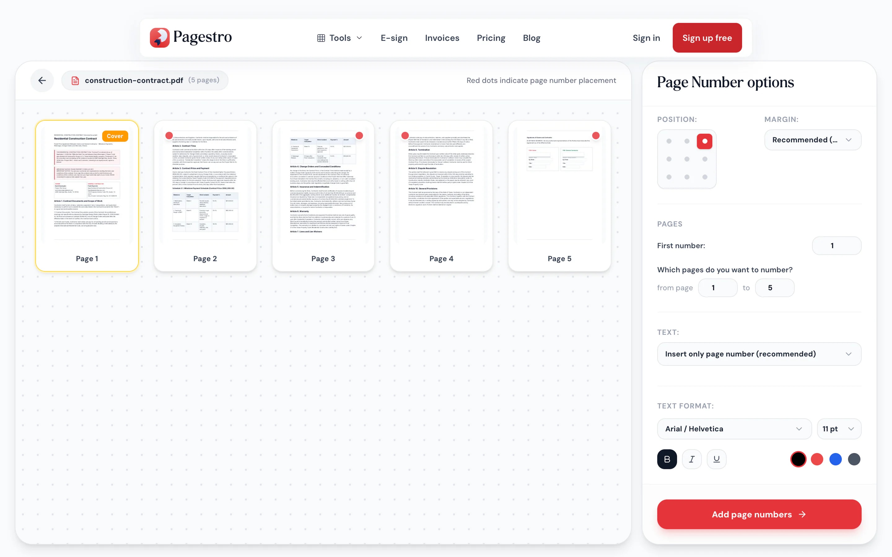 Position grid and format options beside page previews