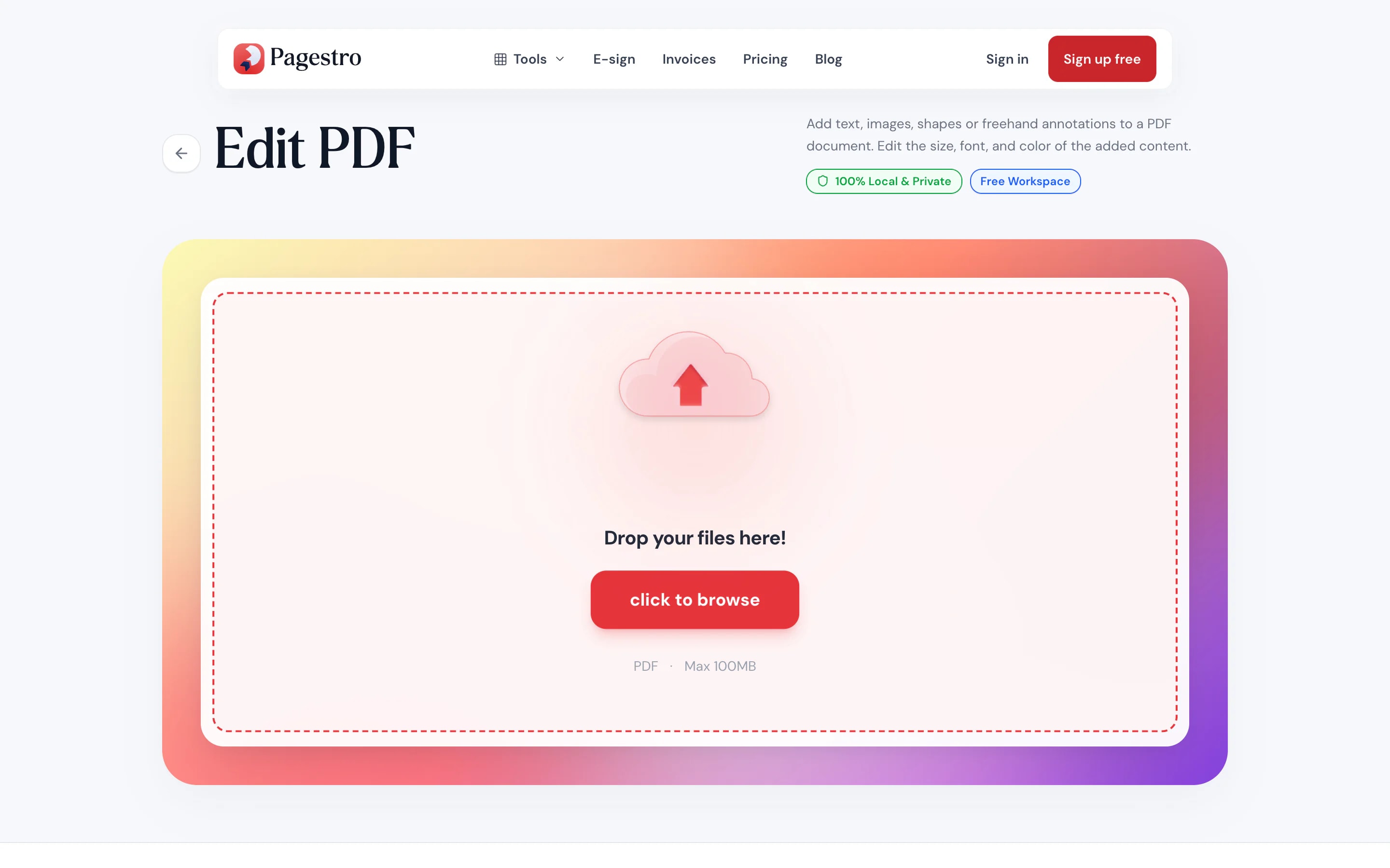 Edit PDF tool waiting for a document