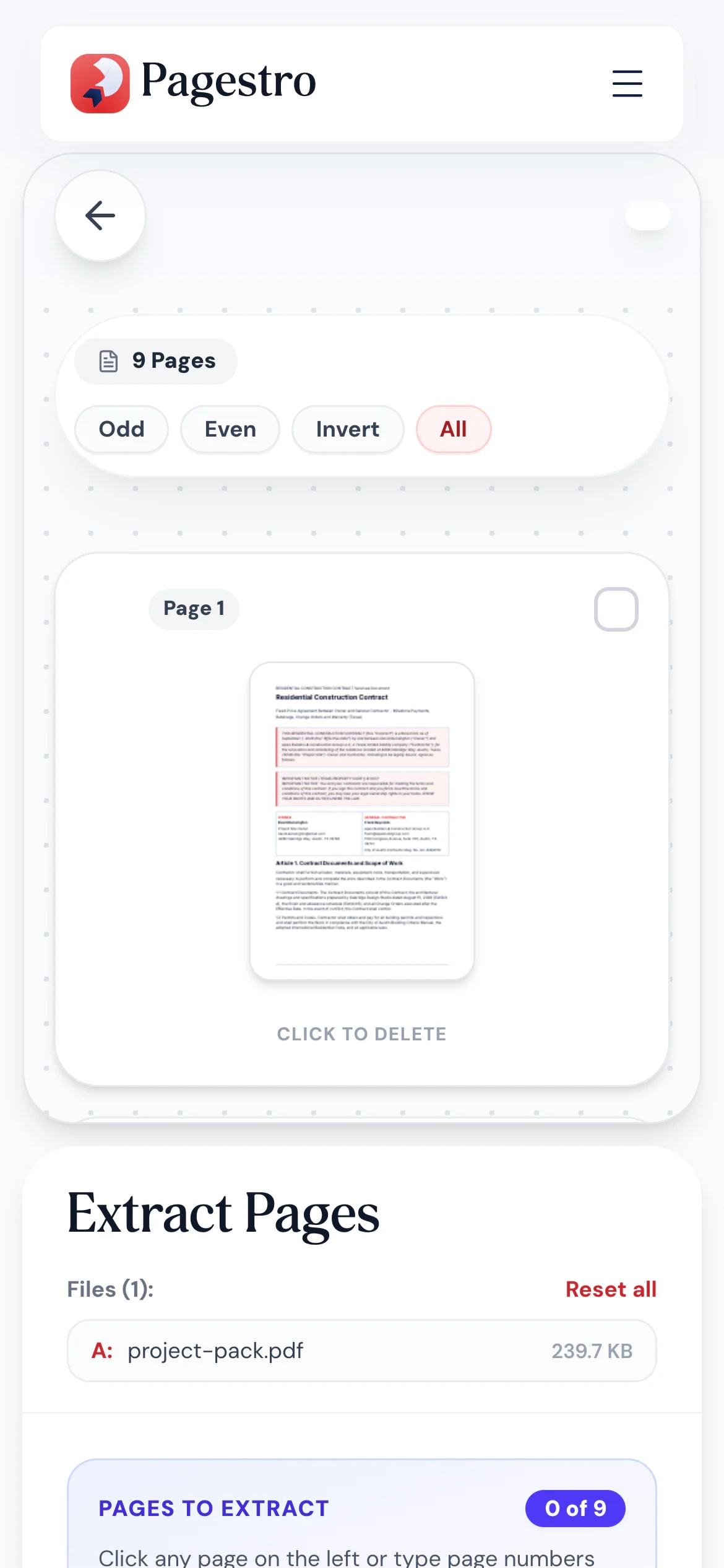 Extract Pages tool on a phone