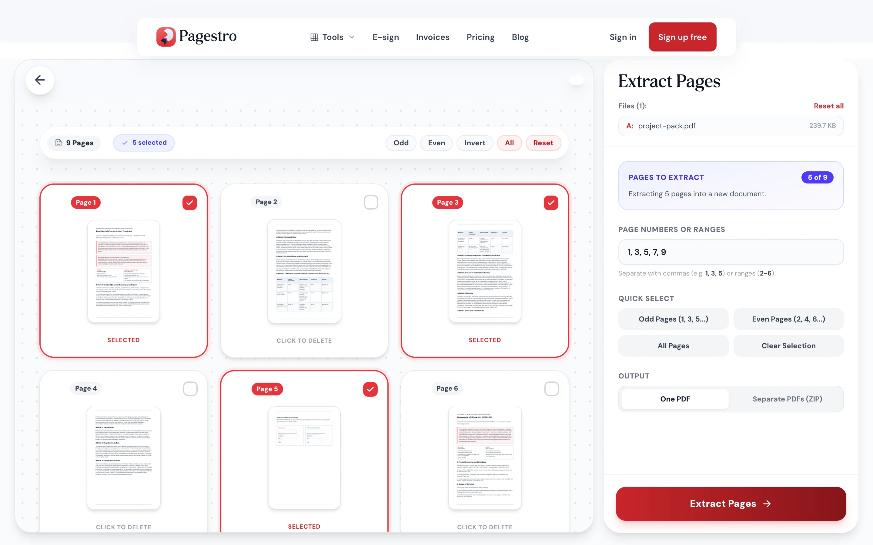 Selected pages highlighted in the thumbnail grid