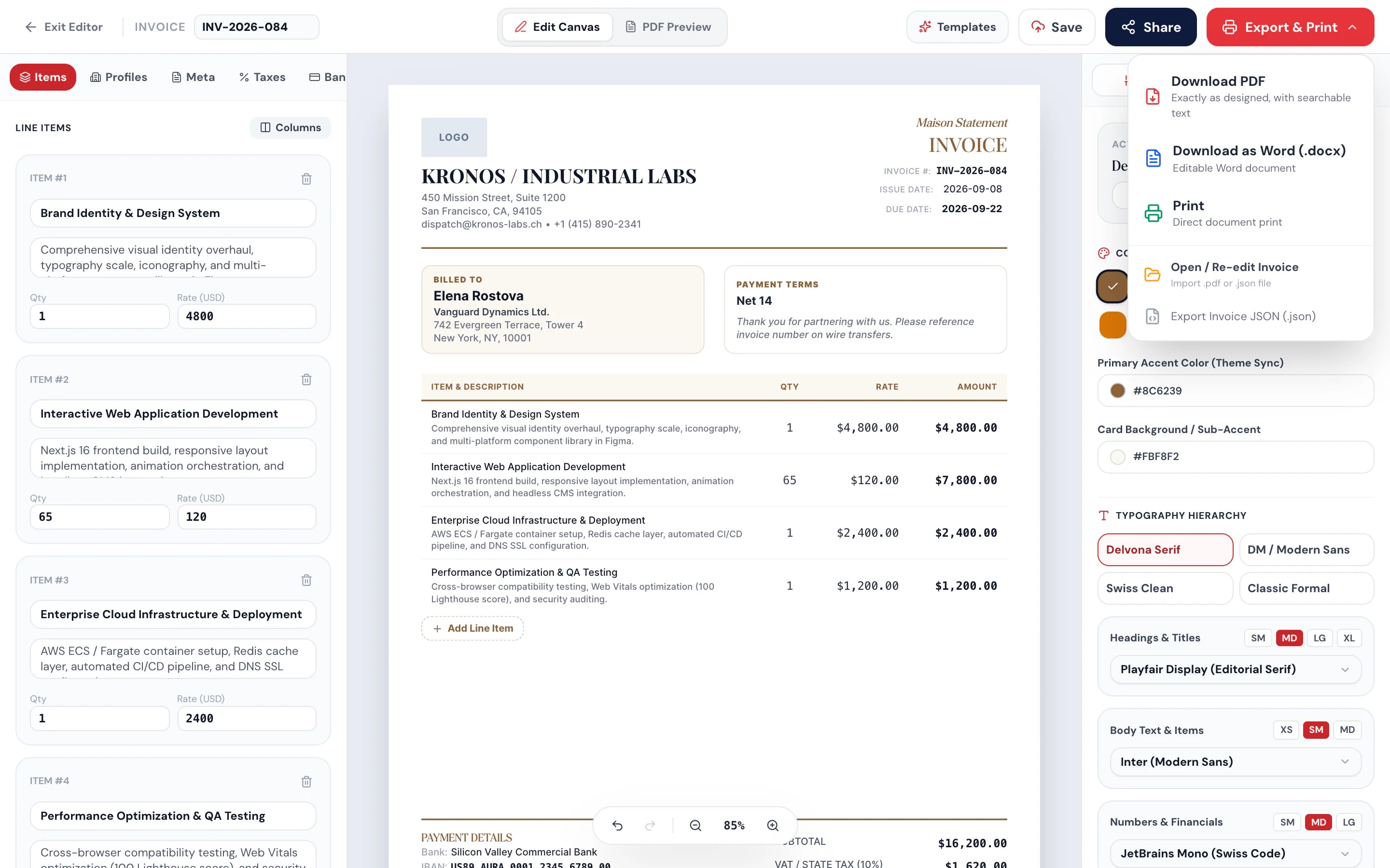 Finished invoice ready to download or send