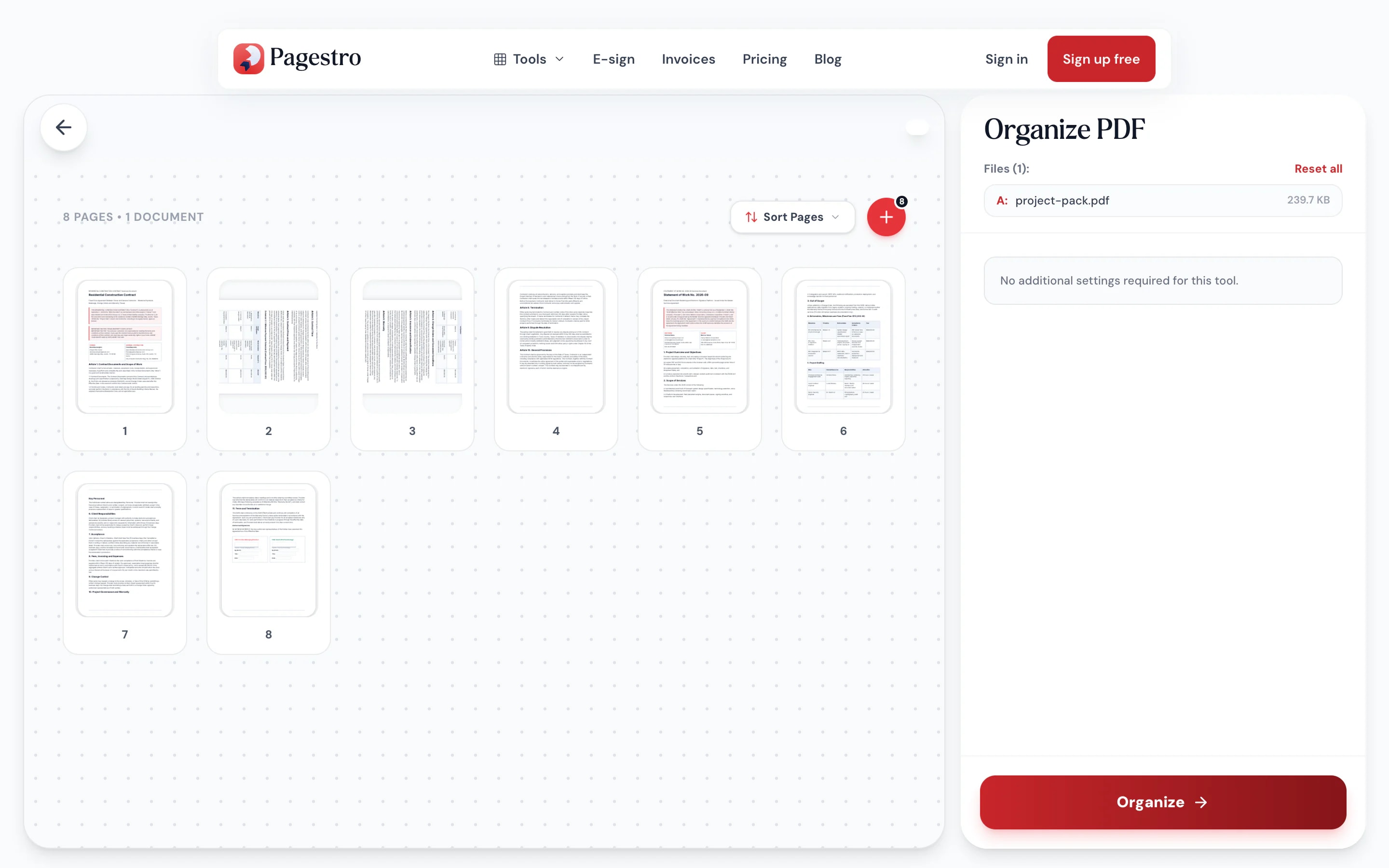 PDF pages arranged on a board with rotate and delete buttons