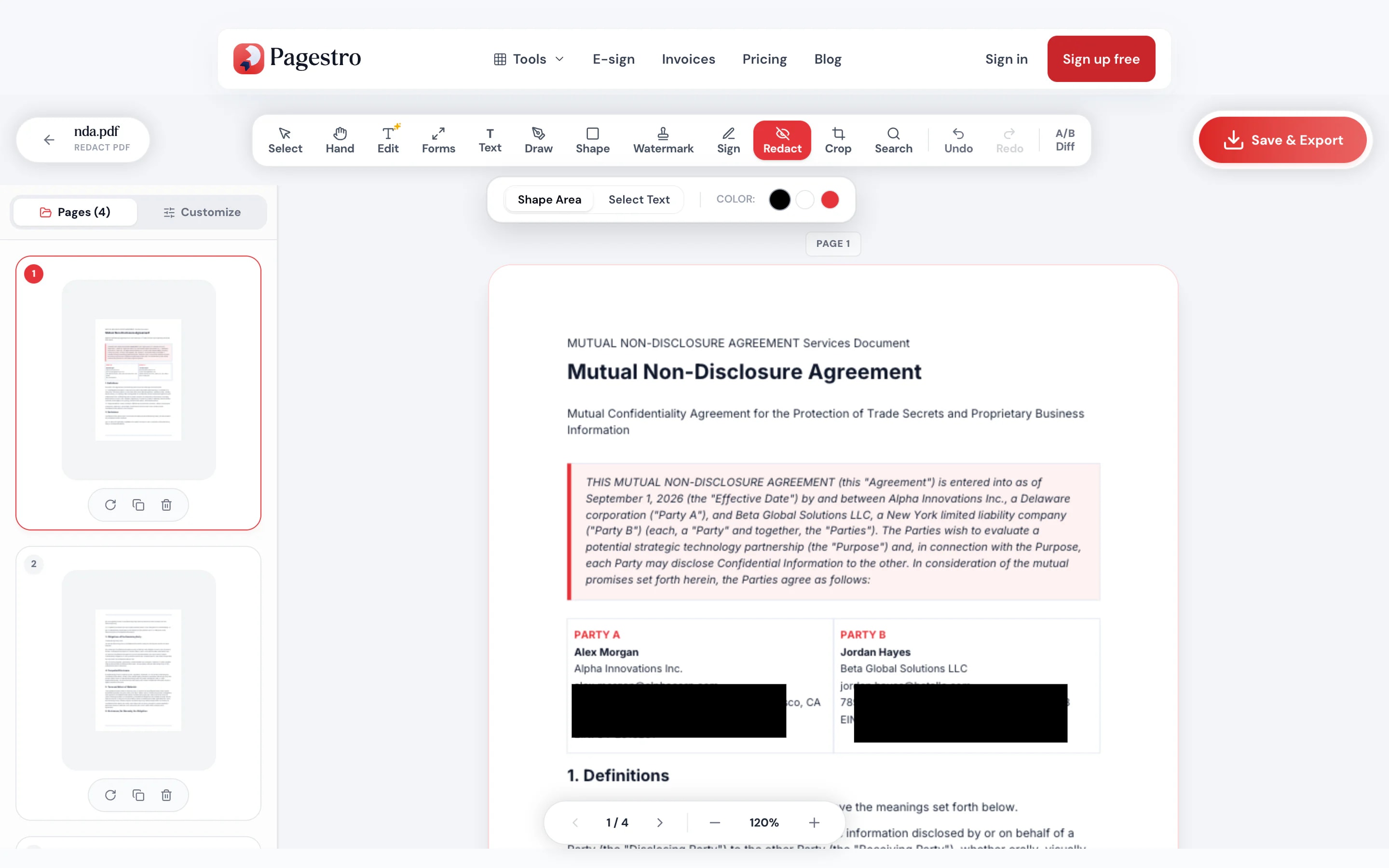 Black boxes drawn over text on a PDF page
