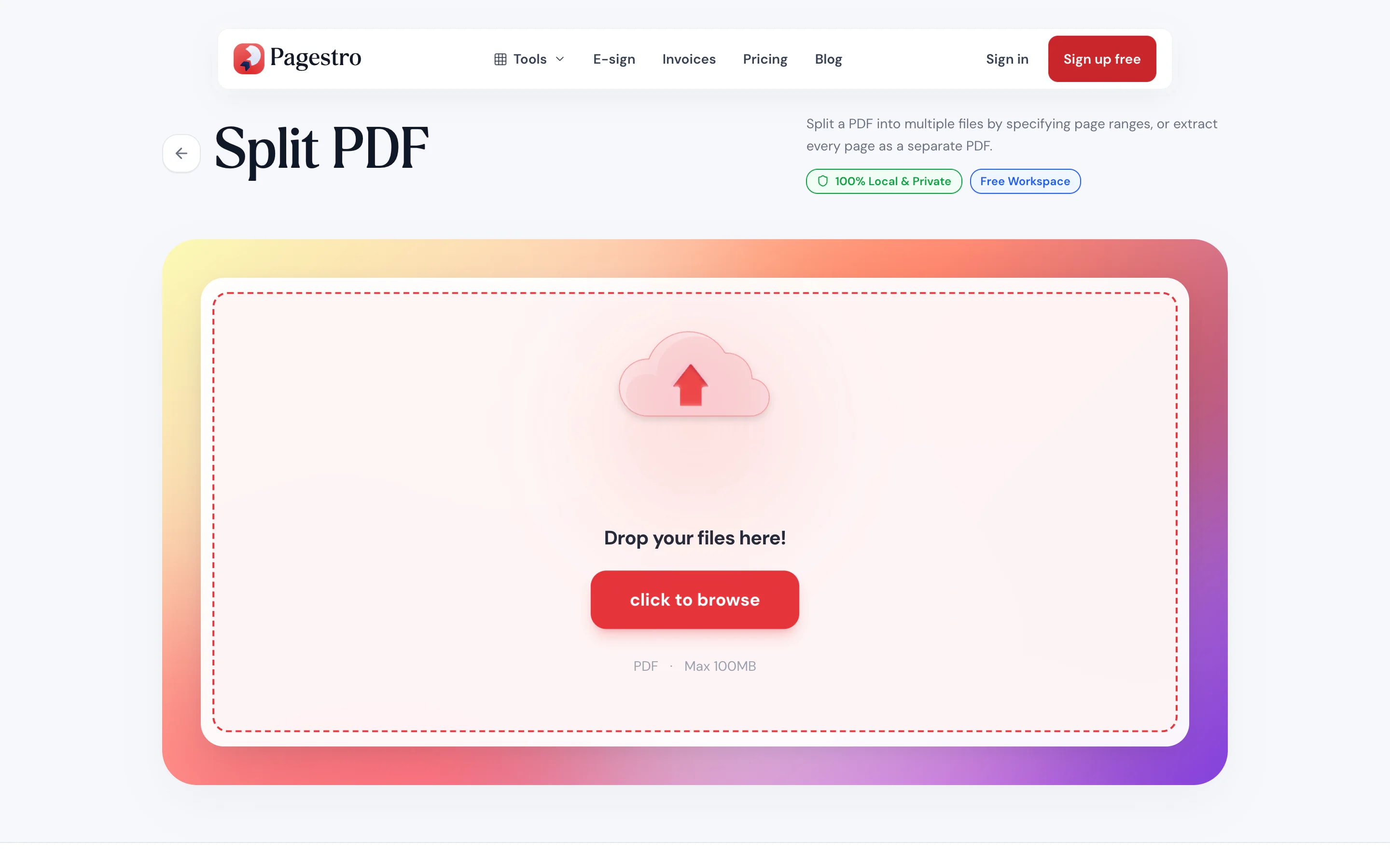 Split PDF drop zone waiting for a file