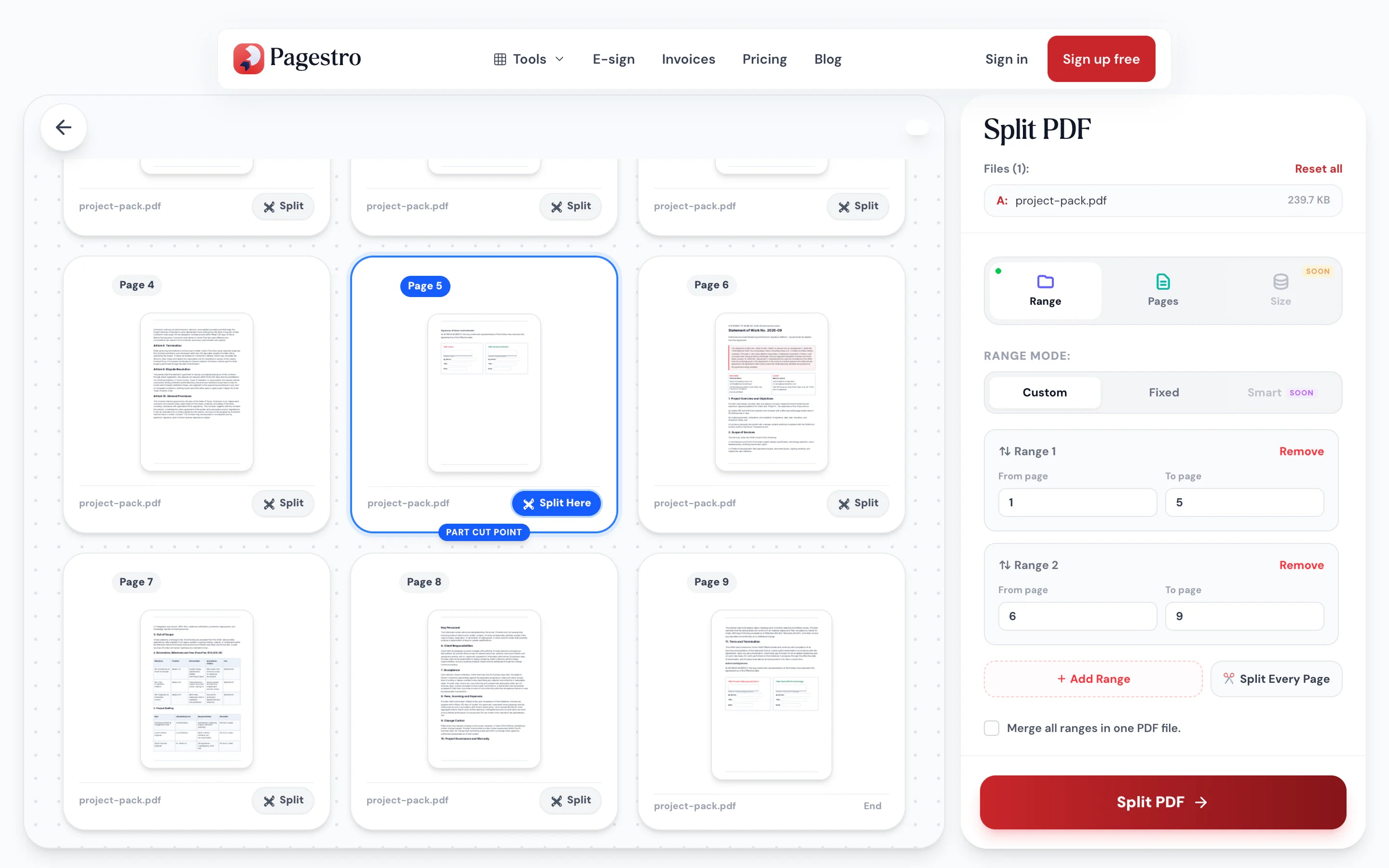 PDF pages shown as thumbnails with split ranges set